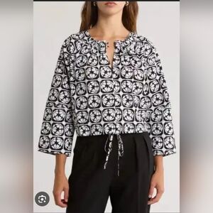 JASON WU/ Black & White Floral Tile Poplin Top with Drawstring/ Size US S